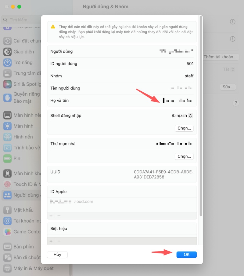 Đổi tên người dùng quản trị viên trên MacBook M2